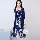 Set: Floral Print Sleeveless Chiffon Midi Dress + Plain 3/4 Sleeve Light Jacket