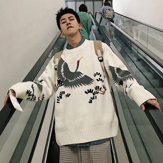 Couple Matching Crane Print Oversize Sweater