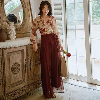 Set: Long-sleeve Floral Print Wrap Top + Wide-leg Pants