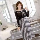 Set: Bow Accent Long-sleeve T-shirt + Midi Striped A-line Skirt