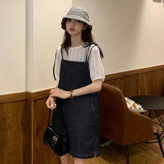 Puff-sleeve Chiffon Top / Denim Mini Pinafore Dress