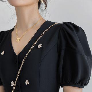 Puff-sleeve Faux Pearl Studded Mini A-line Dress