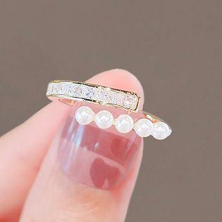 Faux Pearl Rhinestone Alloy Open Ring Ly2505 - White & Gold - One Size