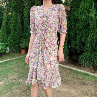 Floral Print Elbow-sleeve Ruffle Hem A-line Dress