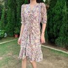 Floral Print Elbow-sleeve Ruffle Hem A-line Dress