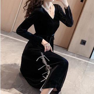 Bow Detail Long-sleeve Midi A-line Dress