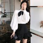 Bow-accent Long-sleeve Blouse / Ruffle Slim-fit Skirt