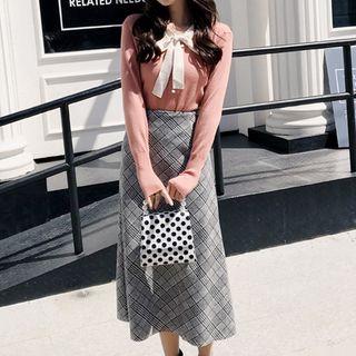 Ribbon-neck Knit Top / Plaid A-line Midi Skirt / Set