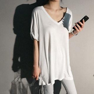 V-neck Cuff-sleeve Long T-shirt