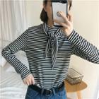 Striped Long-sleeve Tie Front Mock-neck T-shirt
