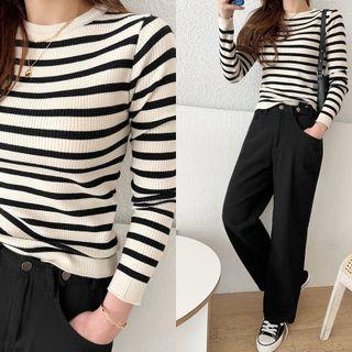 Stripe Slim-fit Rib-knit Top Light Beige - One Size