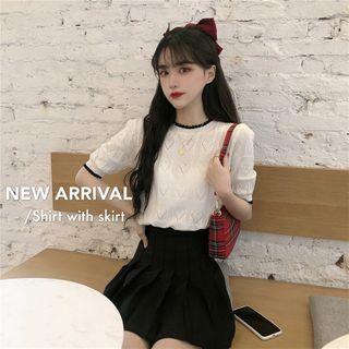 Short-sleeve Heart Cutout Knit Top / Pleated A-line Skirt