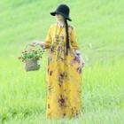 Long-sleeve Frog Button Floral Print Maxi Dress