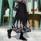 Pleated Leaf Print Knit Midi A-line Skirt