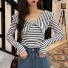 Striped Collared V-neck Long-sleeve T-shirt