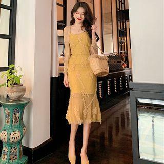 Spaghetti Strap Lace Midi Mermaid Dress / Light Jacket