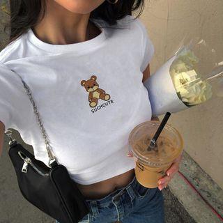 Bear Patterned Short-sleeve Cropped T-shirt