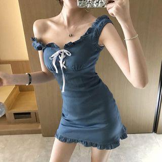 Off-shoulder Lace-up Ruffled A-line Dress