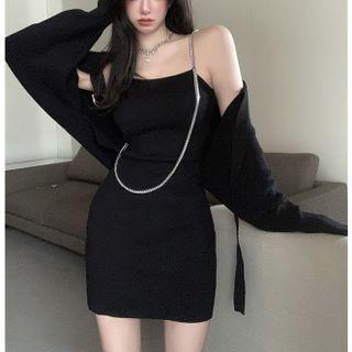 Chain-accent Sleeveless Mini Dress / Buckled-accent Knit Cape Top
