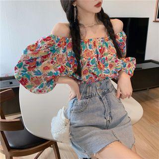 Off-shoulder Floral Puff-sleeve Top / High-waist Asymmetrical Ripped Denim Mini Skirt