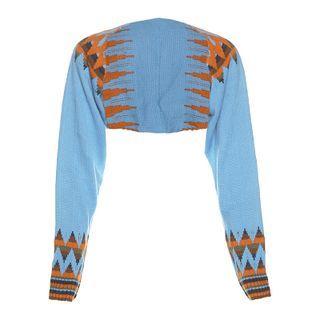 Print Knit Long-sleeve Cropped Cardigan Top Blue - One Size
