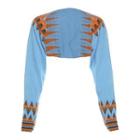 Print Knit Long-sleeve Cropped Cardigan Top Blue - One Size