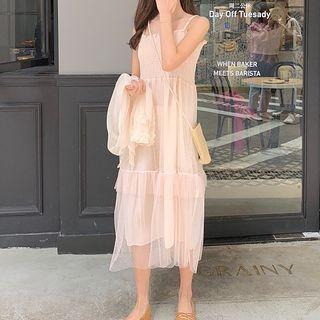 Open Front Light Jacket / Dotted Panel Spaghetti Strap Midi Shift Dress