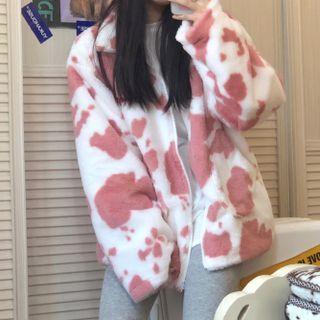 Cow Print Fleece Zip Jacket Pink & White - One Size