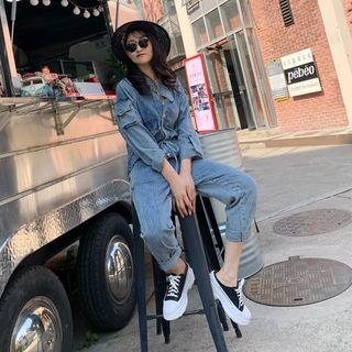 Drawstring-waist Long-sleeve Denim Jumpsuit