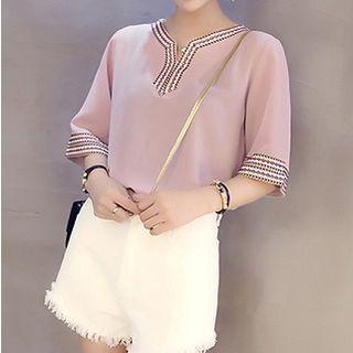 Elbow-sleeve Notched-neck Top Pink - One Size