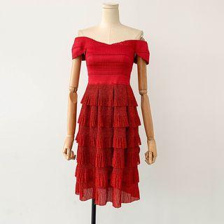 Off Shoulder Short-sleeve Tiered Dress