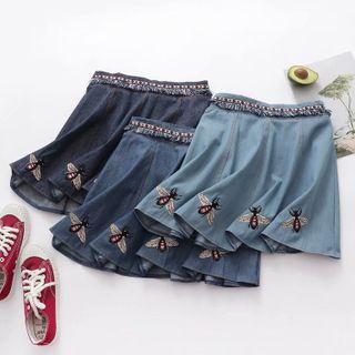 Embroidered Denim Mini A-line Skirt