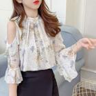 3/4-sleeve Cold Shoulder Ruffled Floral Chiffon Top