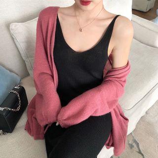 Plain Cardigan / Spaghetti Strap Midi Knit Dress