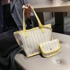 Set: Striped Straw Tote Bag + Pouch