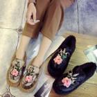 Embroidered Platform Furry Loafers