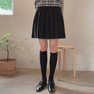 Woolen Knit Pleat Miniskirt Black - One Size