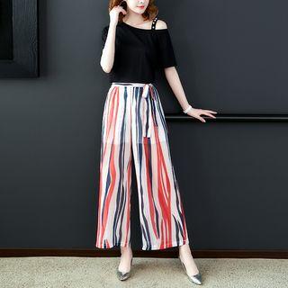 Set: Short-sleeve Cold-shoulder Top + Striped Wide Leg Pants