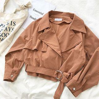 Plain Lace-up Zipper Long-sleeve Jacket