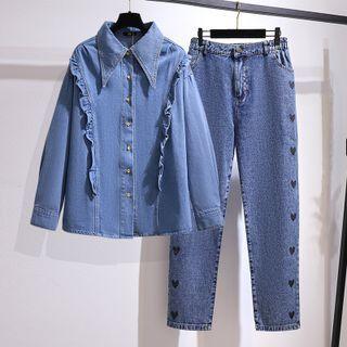Ruffled Denim Shirt / Heart Embroidered Straight Leg Jeans / Set