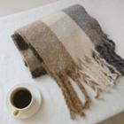 Fringed Check Knit Scarf Beige - One Size
