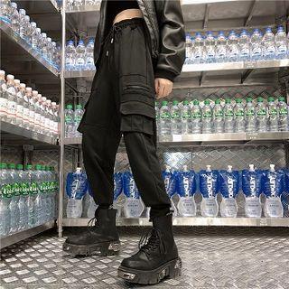 Plain High-waist Drawstring Loose-fit Cargo Pants