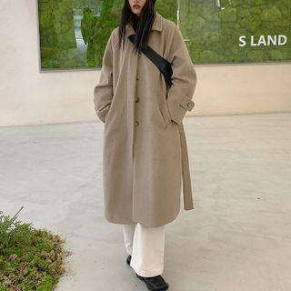 Lapel Woolen Long Coat With Sash Khaki - One Size