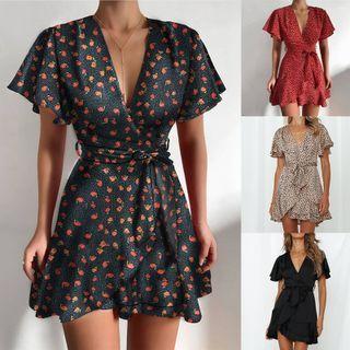 Bell Sleeve V-neck Floral Print Tie-waist Mini Dress