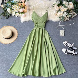 Spaghetti Strap Silky Midi A-line Dress