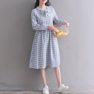 Long-sleeve Plaid Bow-neck A-line Dress
