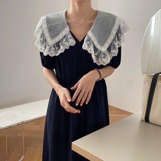 Short-sleeve Lace Collar Midi A-line Dress Dark Blue - One Size