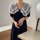 Short-sleeve Lace Collar Midi A-line Dress Dark Blue - One Size