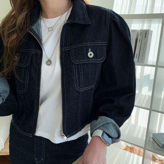 Zip Denim Trucker Jacket Dark Blue - One Size