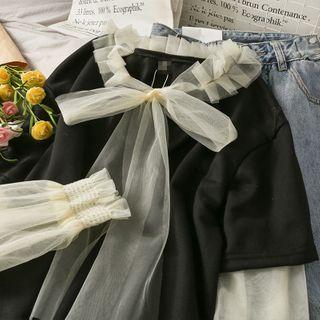 Mesh-panel Ribbon-neckline Mock Two-piece Top Black - One Size